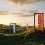 Multi colored abstract opening doors on grassy field on sunny summer day; representing opportunity.